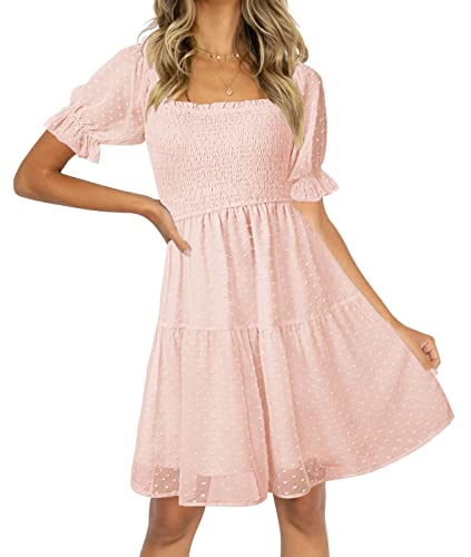 Tecrew Women Swiss Dot Square Neck Flowy Mini Dress Short Sleeve High Waist Swing Dress, Pink, Large #TOP24