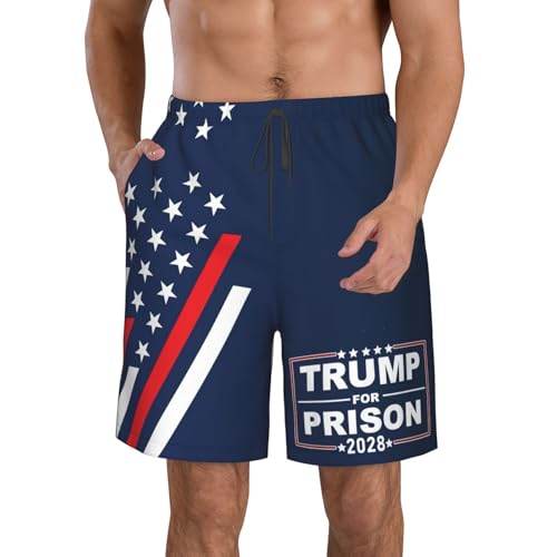 Tr u mp for Prison 2028 Support Tr-u m p 4th of July Mens Swim Trunks Bathing Suit Board Shorts Men's Swimming Suits