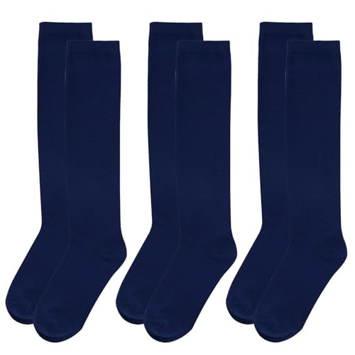 Dxhycc 3 Pairs Girls Knee High Socks Soft Cotton School Uniform Dress Socks Long Over The Knee, Navy Blue