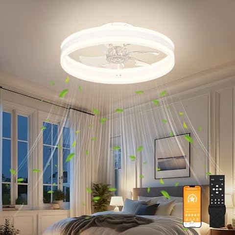 VOLISUN Fandelier Ceiling Fans with Lights and Remote, 15.7in Low Profile Ceiling Fan Flush Mount, 3000K-6500K Dimmable Bladeless LED Fan Light, White Modern Ceiling Fans with Lights for Bedroom Cover