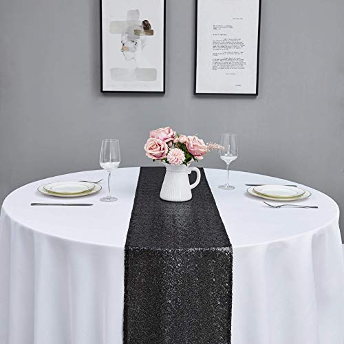 Hahuho 2Pcs 12X72 Inch Sequin Table Runner Black Glitter Table Runner For Party, Wedding, Bridal Baby Shower, Event Decorations（2Pcs, 12X72 Inch, Black） #TOP5