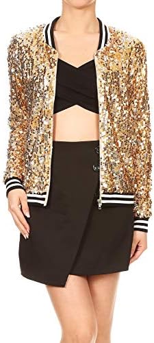 Anna-Kaci Womens Sequin Long Sleeve Front Zip Jacket with Ribbed Cuffs, Gold, Large