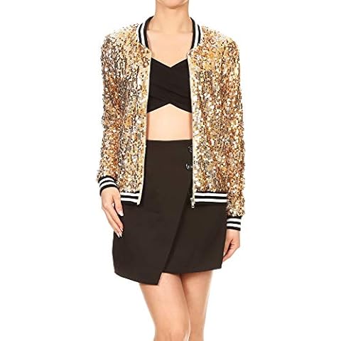 Anna-Kaci Womens Sequin Jacket Bomber Coat 1989 Slitter Outfit For Concert Party, Gold, Large Cover