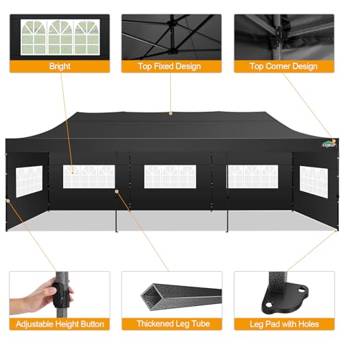Image of COBIZI 10x30 Pop Up Canopy Tent with 8 Sidewalls,Heavy Duty Canopy,Black