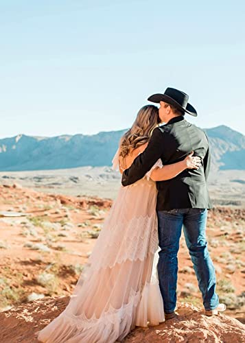 Women's Wedding Dresses Chic Lace Evening Dresses V Neck Ruffle Sleeves Beachy Boho Outdoorsy Wedding Gowns(Nude Pink,Xl) #TOP4