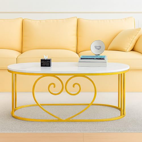 Image of Oval Accent Metal Centre Table with Marble Look Coffee Tables with Engineered Wood Top and Metal Frame, Contemporary Table for Office, Bedroom, or Living Room Golden White