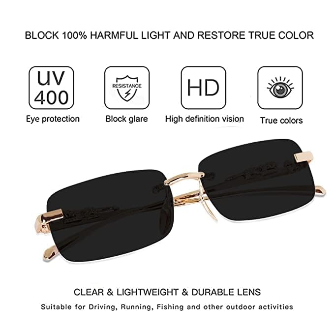 Image of Rimless Rectangle Sunglasses for Men & Women, Retro Frameless Metal Design with Leopard Print Arms, Colored UV Protection Lens, Lightweight Unisex Eyewear