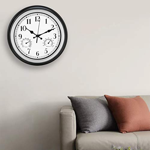 Amotpo Indoor/Outdoor Wall Clock,12-Inch Waterproof Clock With Thermometer And Hygrometer Combo,Battery Operated Quality Quartz Round Clock,Silver #TOP6