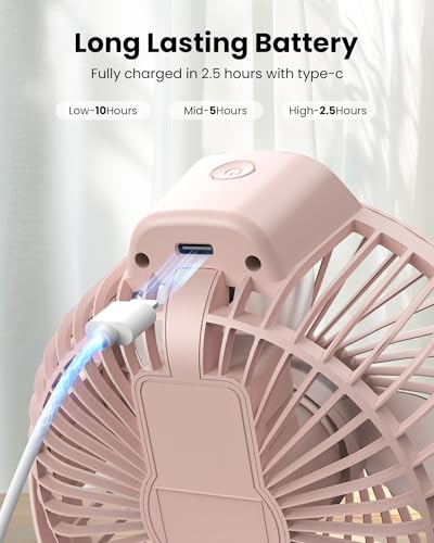 Image of Koonie Portable Clip On Fan, Small USB Battery Operated, 3 Speed Rechargeable Mini Pink With LED Display, 360 Rotate Personal Cooling for Desk Stroller Travel Camping Golf Gym