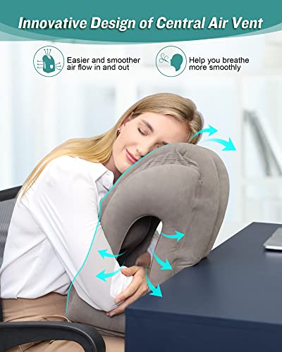 Jefdiee Inflatable Travel Pillow, Airplane Neck Pillow Comfortably Supports Head And Chin For Airplanes, Trains, Cars And Office Napping With 3D Eye Mask, Earplugs And Portable Drawstring Bag (Grey) #TOP2