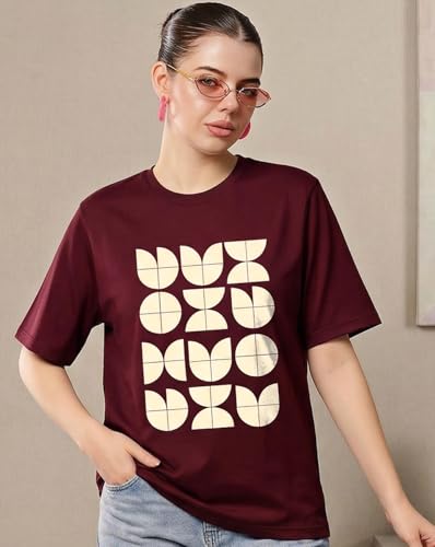 Image of Women's Typography Round Neck Cotton-Blend T-Shirts, Oversized Drop Shoulder Boho Style T-Shirt