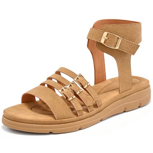 Larwen Dressy Womens Sandals Walking: Comfortable Breathable Insole Women Flat Sandal - Casual Adjustable Buckle Summer Outdoor Shoes