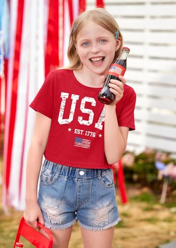 Image of BesserBay Kids Girls 4th of July Crop Tops American Flag Red White Blue Patriotic Bows USA Flag T-Shirts 6-14 Years