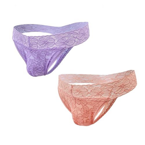 Umiehary Men Low Rise Lace T Back Breathable All Day Comfortable Thongs Stretchy Waistband 2 Pack Small-4XL