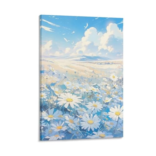 絵画 白い花がいっぱいの野原インテリア 絵画 アニメの美的スタイルアートパネル 壁の絵 ポスター 壁掛け ソファの背景絵画 玄関 壁飾り 絵画 木枠付きの完成品 40x60cm