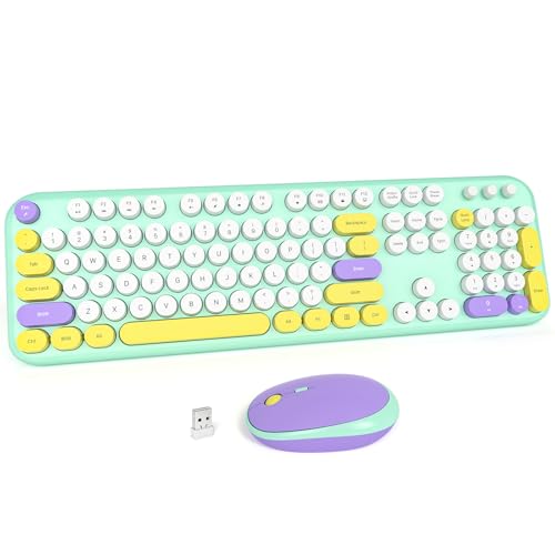 MOFII Wireless Keyboard and Mouse Combo, Full-Size Retro Typewriter-Style Wireless Keyboard with Optical Mouse for Computer/Laptop/Windows/Mac (Mint Colorful)