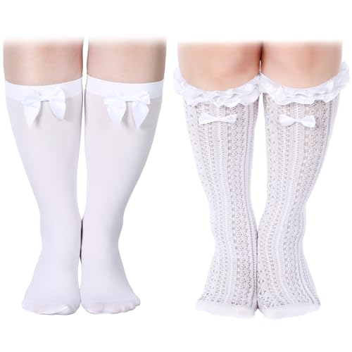 Jamntower 2 Pair Oktoberfest Socks Women Dirndl Socks Lace Plus Size Trim Ruffle Long Bow Satin White Knee High Stockings(Calf Style)