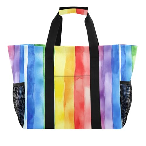 Grand sac de plage en toile de qualité supérieure : finitions soignées motif arc-en-ciel