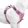 PoyPet No Pull Dog Harness, [Release on Neck] Reflective Adjustable No Choke Pet Vest with Front & Back 2 Leash Attachments, Soft Control Training Handle for Medium Dogs(Checkered Pink,M)