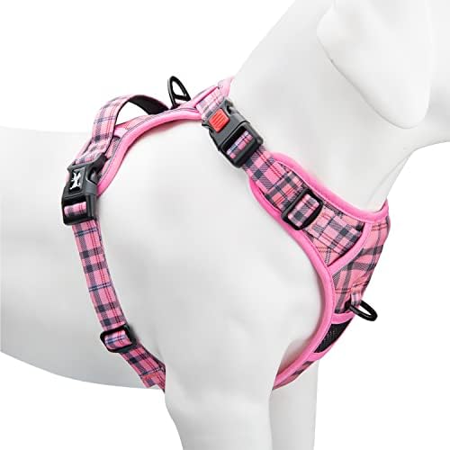 PoyPet No Pull Dog Harness, [Release on Neck] Reflective Adjustable No Choke Pet Vest with Front & Back 2 Leash Attachments, Soft Control Training Handle for Medium Dogs(Checkered Blue & Green,M)