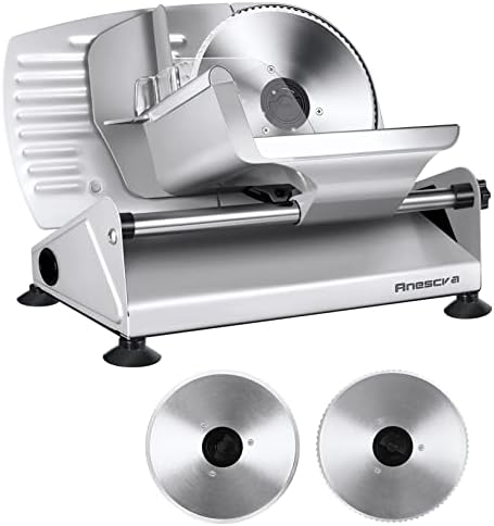 Meat Slicer, Anescra 200W Electric Deli Food Slicer with Two Removable 7.5’’ Stainless Steel Blades and Food Carriage, 0-15mm Adjustable Thickness Meat Slicer for Home, Food Slicer Machine- Silver