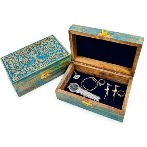 DOLLOND & CO. Handmade Wooden Tree of Life Keepsake Box – Rustic Jewelry & Trinket Organizer for Men & Women | Vintage Storage Box with Brass Fittings & Engraved Design (Tree Of Life Blue Box)