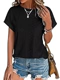 Bliwov Womens Tops Eyelet Embroidery Summer Spring Curved Hem Short Sleeve T Shirts Blouse Outfits Beach Vacation Clothes,Black,S