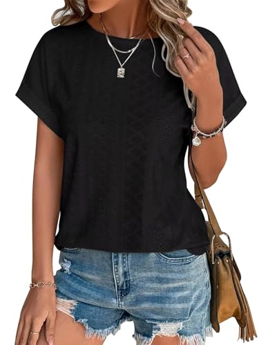 Bliwov T-shirt tendance à manches courtes pour femme avec ourlet incurvé et broderie à œillets pour l'été, l'automne, noir, Taille M