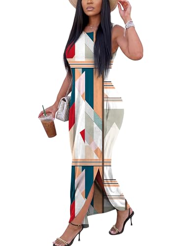 Image of FANDEE Women's Casual Summer Loose Sunresses Long Dresses Sleeveless Split Maxi Beach Dress with Pockets