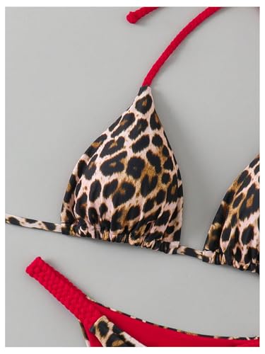 Floerns Women's 2 Piece Cheetah Print Bikini Set Halter String High Waist Thong Bathing Suits3