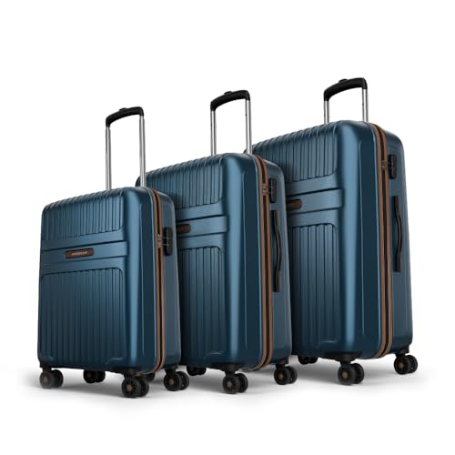 Aristocrat Atlas Set of 3 (Cabin+Medium+Large) Hard Case Trolley Bags, Blue | 8-Wheels, Durable Case, Spacious, Combination Lock, Sturdy Zipper, Light