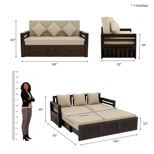 Image of SONA ART & CRAFTS Maharaja Sheesham Wood 3 Seater Sofa Cum Bed with Bedside | Wooden 3 Seater Sofa for Living Room Wooden Furniture Sofa Bed for Home (Walnut Finish)
