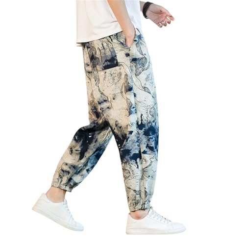 Pantalon 9/10 en coton lin pour homme à motif dragon