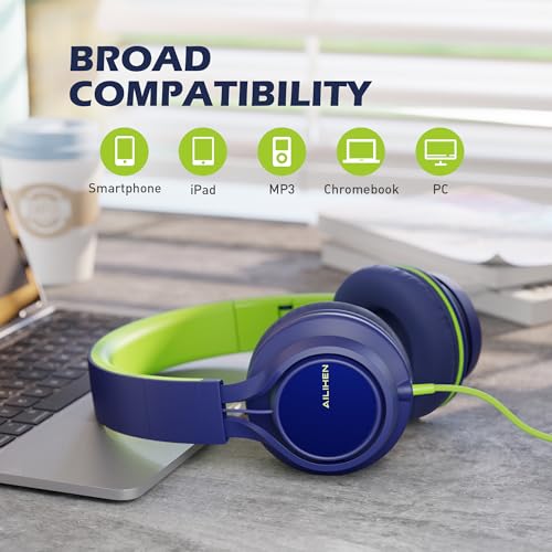 Image of AILIHEN C8 Headphones Wired, On-Ear Headphones with Microphone and Volume Control, Corded 3.5mm Headset for Boys Girl School Smartphones Chromebook Laptop Computer Tablets Airplane Travel (Blue Green)