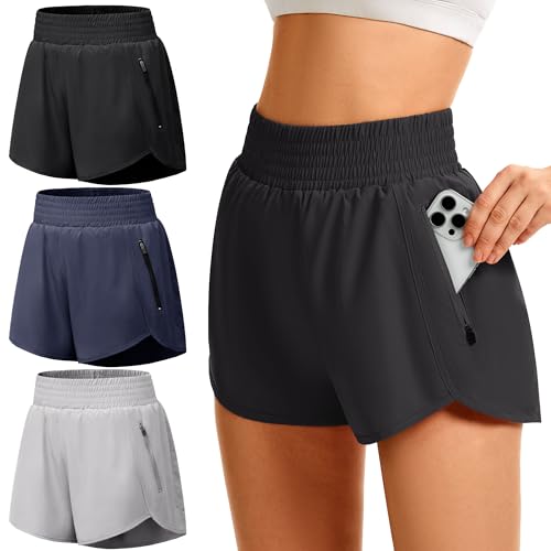 GetGigt 3er Pack Damen Sporthose Kurz Sport Shorts mit Reißverschlusstasche Kurze Hose Laufhose Damen Sommer Yoga Gym Shorts Trainingshose Laufshorts(M,Schwarz,Marineblau,Hellgrau)