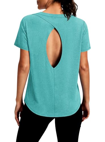 Alaroo Gym Tops for Women Open Back Short Sleeve Workout Shirts Athletic Yoga Pilates Outfits Summer Rash Guard Clothes Teal S
