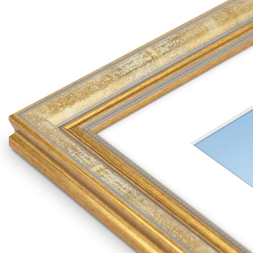 Image of Golden State Art,12x16 Ornate Picture Frame Holds 8.5x11 Photo,Vintage Gold | Includes real glass front,white mat,build-in hangers and buttons.Displays 8.5x11 photo on wall