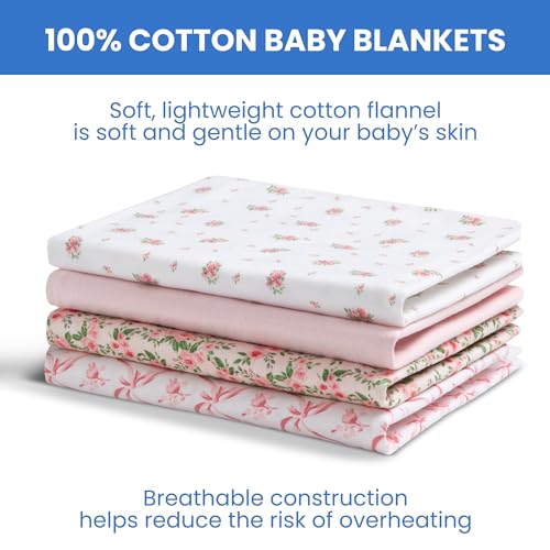 Image of Delta Children 100% Cotton Flannel Baby Receiving Blankets for Girls and Boys - 30x30 Inches, Pink Floral, (Pack of 48)
