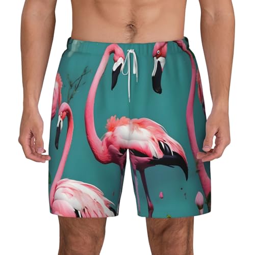 Men's Flamingo Flowers Print Quick-Dry Mesh Swim Trunks Stretch Lining Beach Shorts Surfing Summer Vacations2