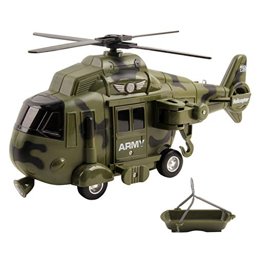 Vokodo Military Helicopter 11" With Lights Sounds Push And Go Includes Rescue Basket Durable Toy Friction Power Kids Army Soldier Chopper Pretend Play Truck Great Gift For Children Boys Girls Toddlers #TOP7