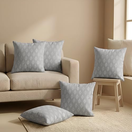 Image of Clasiko 16x16 Cushion Covers - Set of 5 Soft Cotton-Feel Decorative Pillow Covers | Silver Royale, Flap Closure, Perfect for Sofa & Living Room