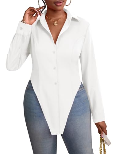 OPOIPIN Women's Collar V Neck Button Bown Long Sleeve Slit Hem Blouse Shirt Top4