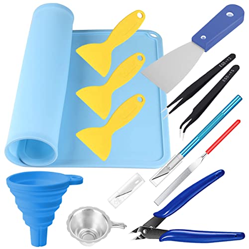 DAOKAI Kit d'outils d'accessoires pour imprimante 3D en résine Outils de base pour imprimante 3D avec tapis en silicone, spatule, entonnoir en silicone, pince à épiler, outil de modèle