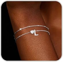 RWQIAN Pack of 2 Women's Gold Silver Adjustable Double Layering Bracelet with Heart Letters Jewellery Gifts for Women Teenager Girls