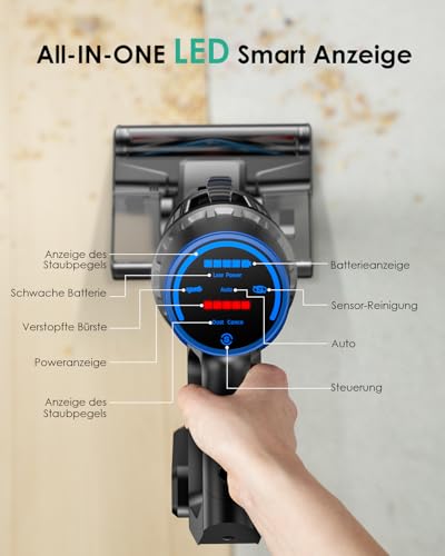 Akku Staubsauger mit Wischfunktion, 550W/45000Pa/60 Min Staubsauger kabellos, Mit bürstenlosem Motor, Mit selbsttragender Funktion und intelligentem Touchscreen, Für Hartböden Teppich Tierhaare