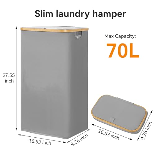 Chrislley 70 L Slim Laundry Basket with Lid, Foldable Laundry Hamper with 2 Removable Inner Bags & Bamboo Handles - Image 2