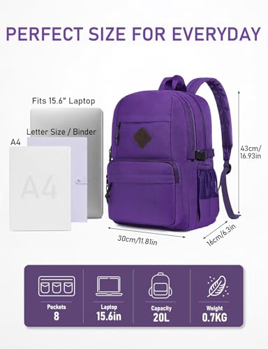 Image of Kasqo School Backpack, 20L Dual Compartment Bookbag for Girls Teens, Purple | 20L, Machine Washable, Water-Resistant, Fit 15.6 Inch Laptop, Dual Main Compartment, 8 Pockets, Side Compression Buckles