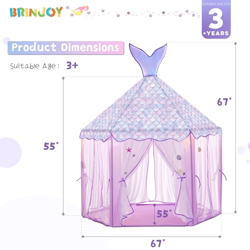 BRINJOY Princess Tent for Girls with Lights, Large Pretend Play Tent Castle w/Carry Bag & Stickers & Detachable Fishtail Top Indoor Outdoor, 67”x55” Ocean-Theme Kids Playhouse Gift for Toddler Age 3+ - Thumbnail 7