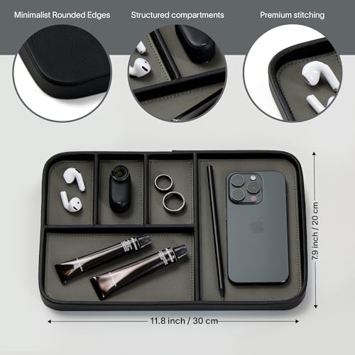 Nordik Leather Valet Tray - Pebble Black - 30 x 20 cm Large Vegan Leather Tray - Stylish Nightstand Organizer for Men - Modern Bedside Caddy - EDC Catchall for Key Watch Wallet Jewellery - Image 4