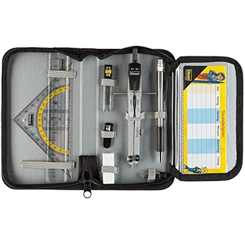 Idena 20066 Compass in Case, 11 Pieces, with Protractor, Ruler, Replacement Leads for Compass, Mechanical Pencil & Refills, Timetable, Eraser & Sharpener Cover